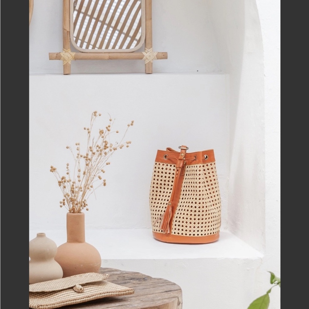 Woven Rattan Drawstring Backpack - Tan - Picture 2 of 7